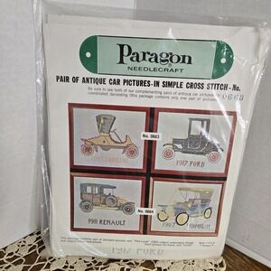 Vintage Paragon Stamped Cross Stitch Antique Cars #06763 1917 Ford 1903 Cadillac